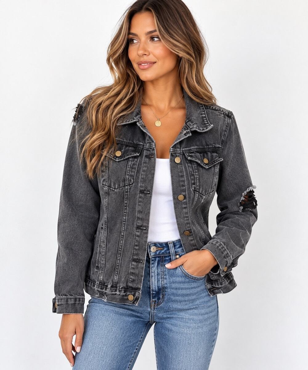 EVIDNT Los Angeles Women’s M Distressed Black Denim Jacket Washed Grunge